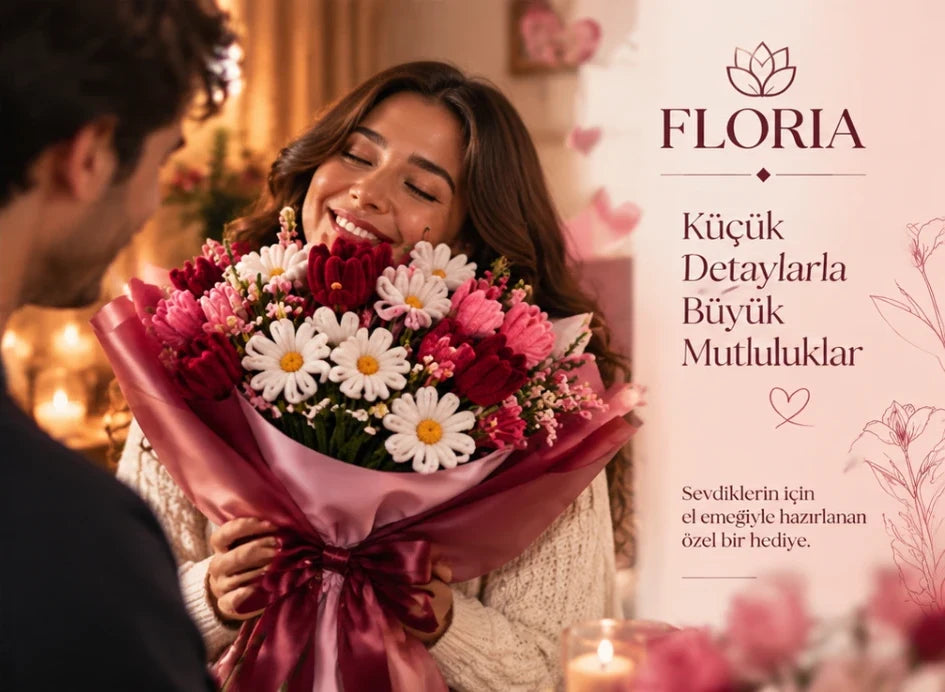 FLORİA: Küçük detaylarla büyük mutluluklar. Hediye edilen şönil çiçek buketini tutan gülümseyen kadın.